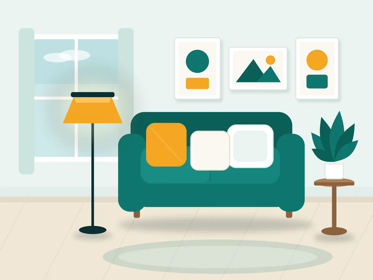 A calm living room with a teal sofa, a floor lamp and a plant