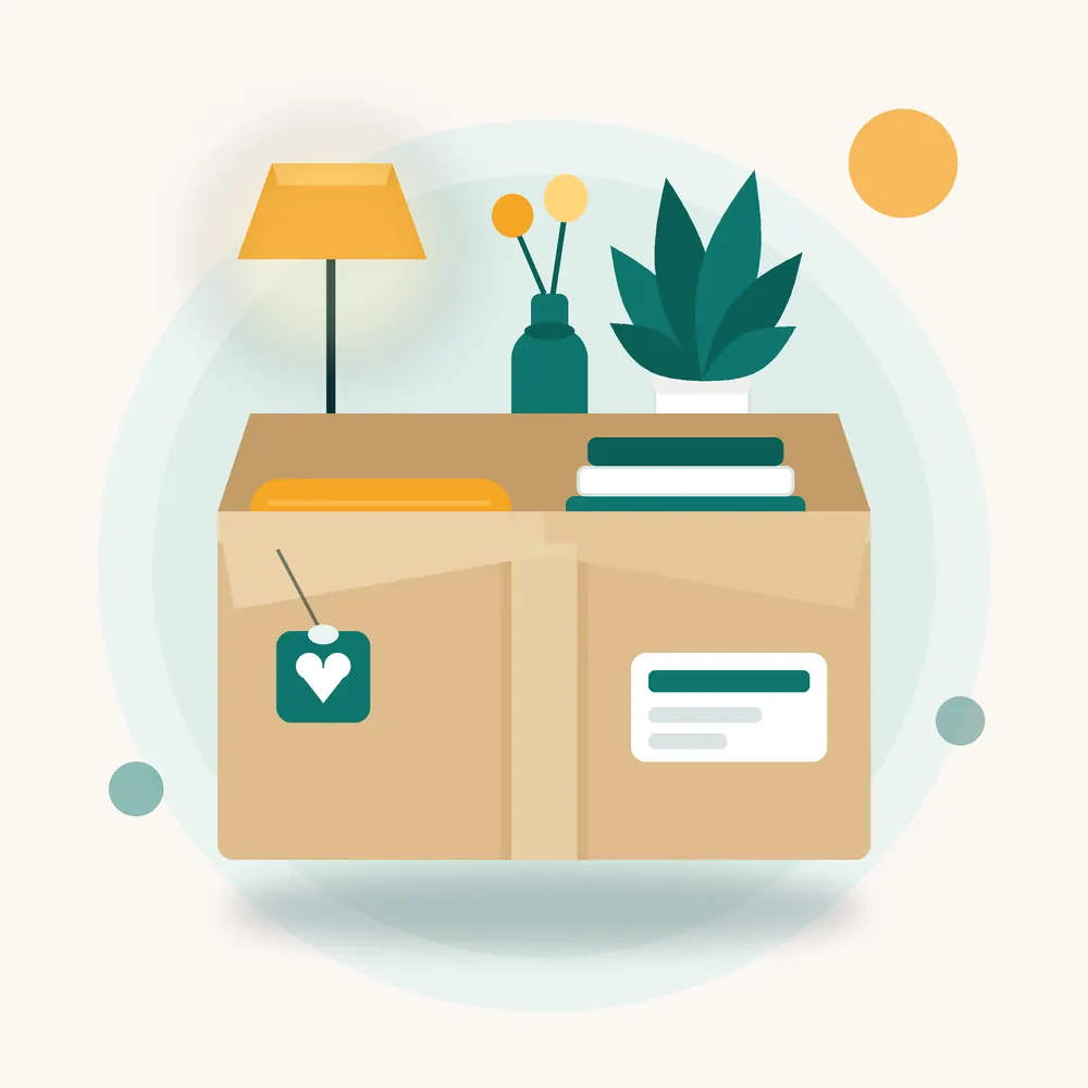 An open parcel with a lamp, a plant, a vase and a cushion coming out of it