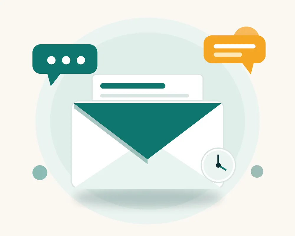 An open envelope with a letter and two chat bubbles, with a clock showing we are available