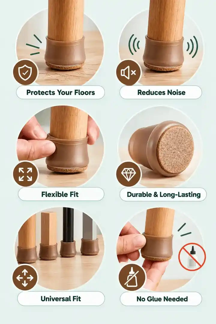 Furniture leg caps benefits: protects floors, reduces noise, flexible fit, durable, universal fit, no glue needed