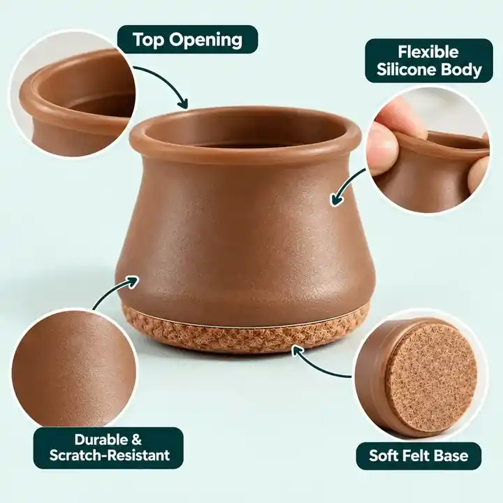 Close-up of a furniture leg cap showing the top opening, flexible body, textured surface and soft felt base