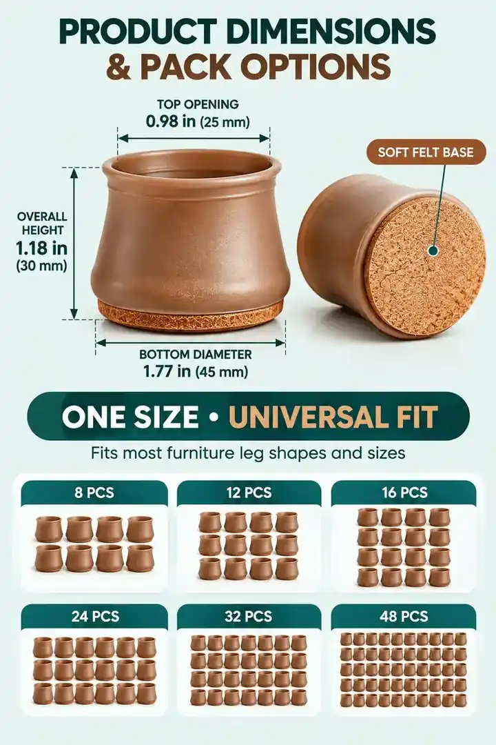 Furniture leg cap dimensions: top opening 0.98 in, height 1.18 in, bottom diameter 1.77 in, and packs of 8, 12, 16, 24, 32 and 48 pieces