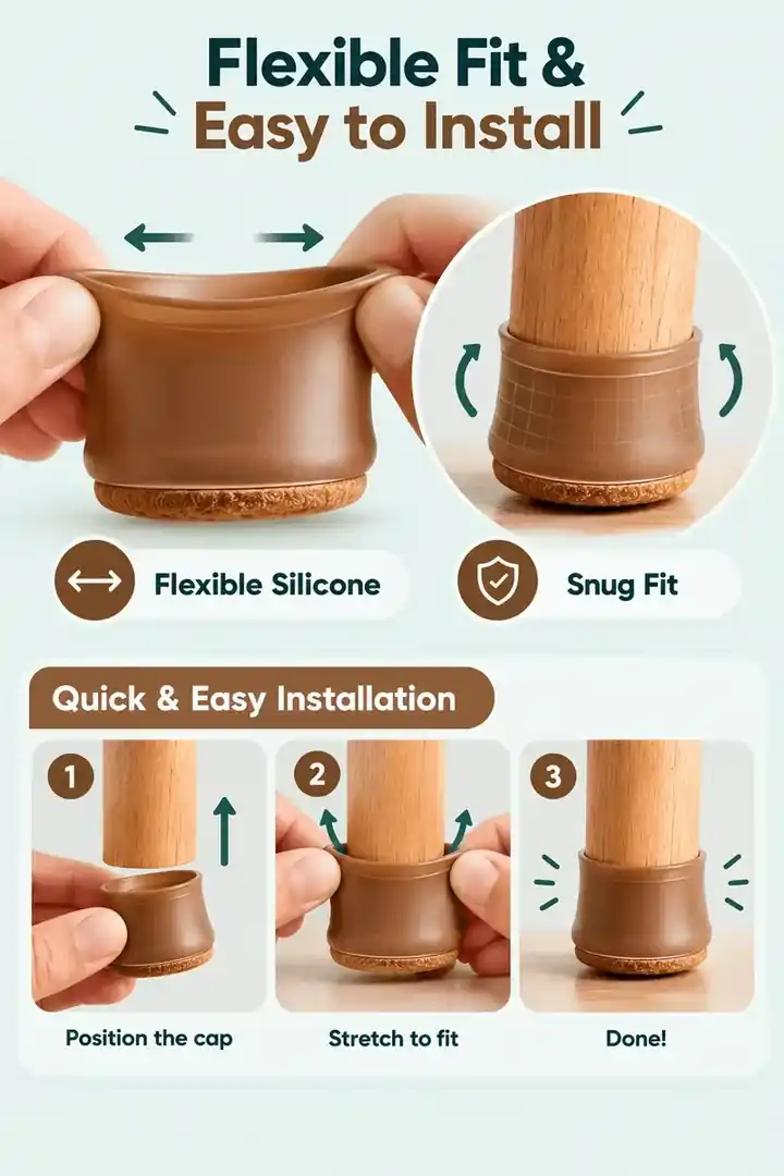 Furniture leg cap stretching to fit a chair leg, with 3 easy installation steps