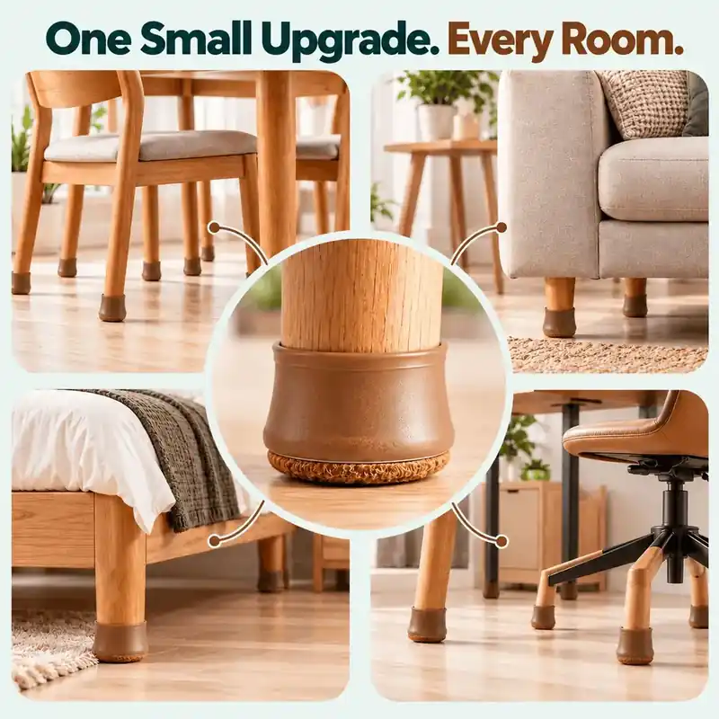 Furniture leg caps used on dining chairs, sofa, bed and office chair legs in different rooms