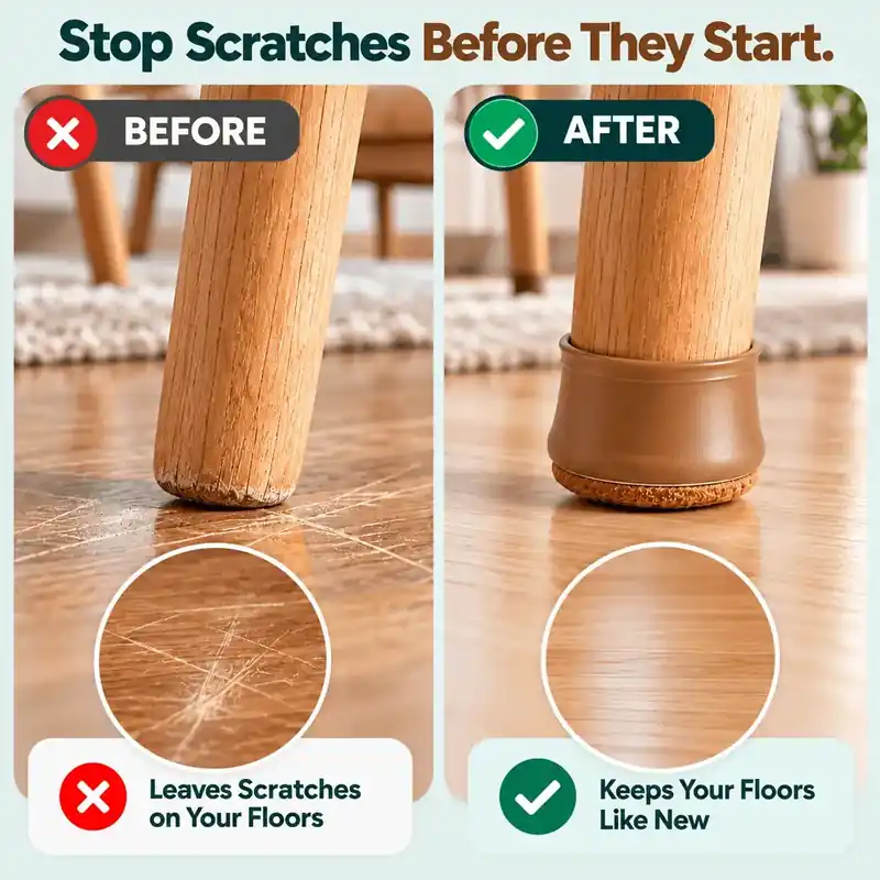 Before and after: a bare wooden leg scratching the floor, and a leg with a leg cap keeping the floor clean