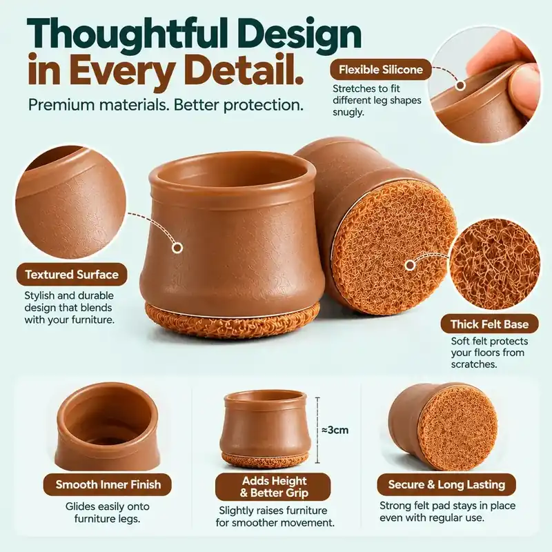 Furniture leg cap design details: flexible body, textured surface, felt base, about 3 cm tall