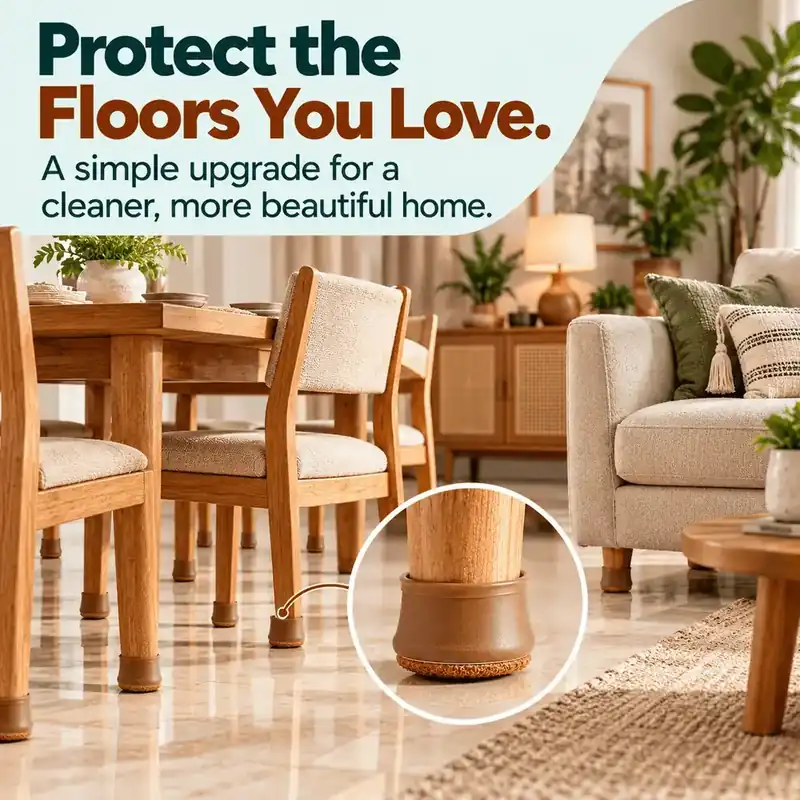 Furniture leg caps on dining chairs and sofa protecting a polished floor