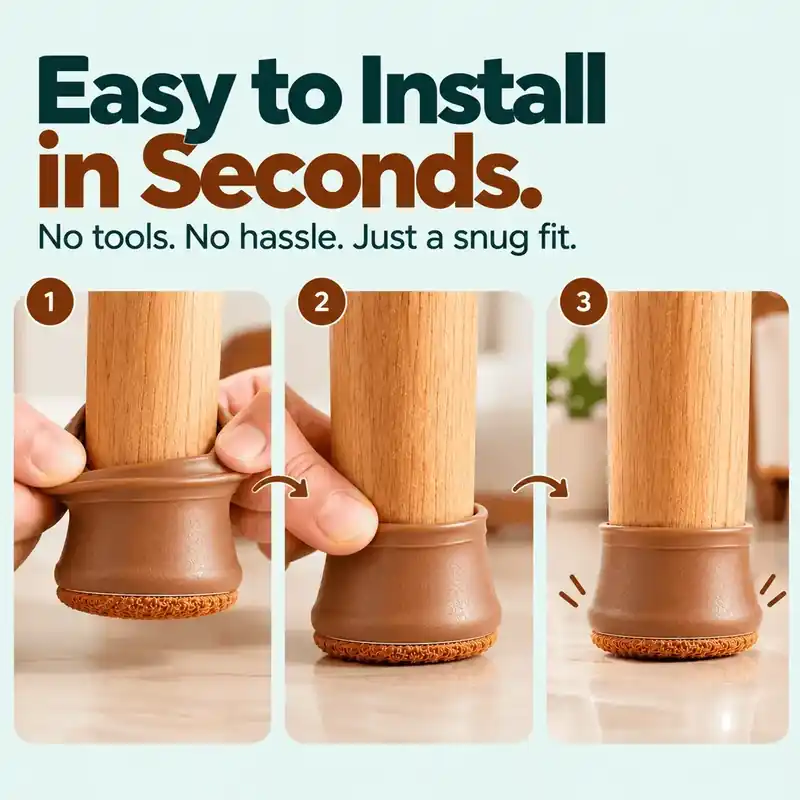 Three steps to put a furniture leg cap on a chair leg: stretch, slide on, done