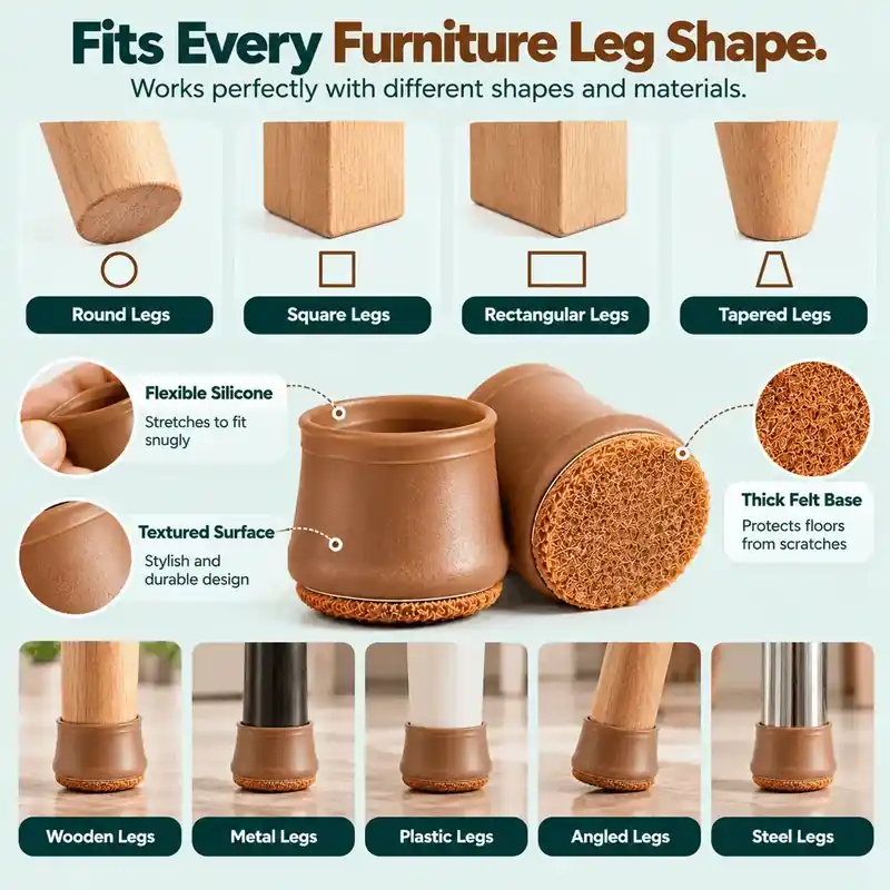 Furniture leg cap on round, square, rectangular, tapered, wooden, metal, plastic and steel legs