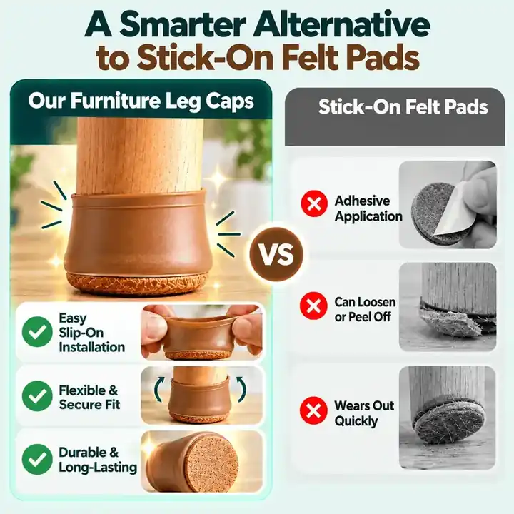Furniture leg caps compared with stick-on felt pads