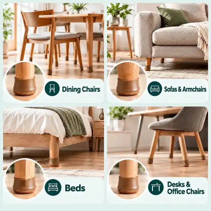 Furniture leg caps used on dining chairs, sofas and armchairs, beds, and desks and office chairs
