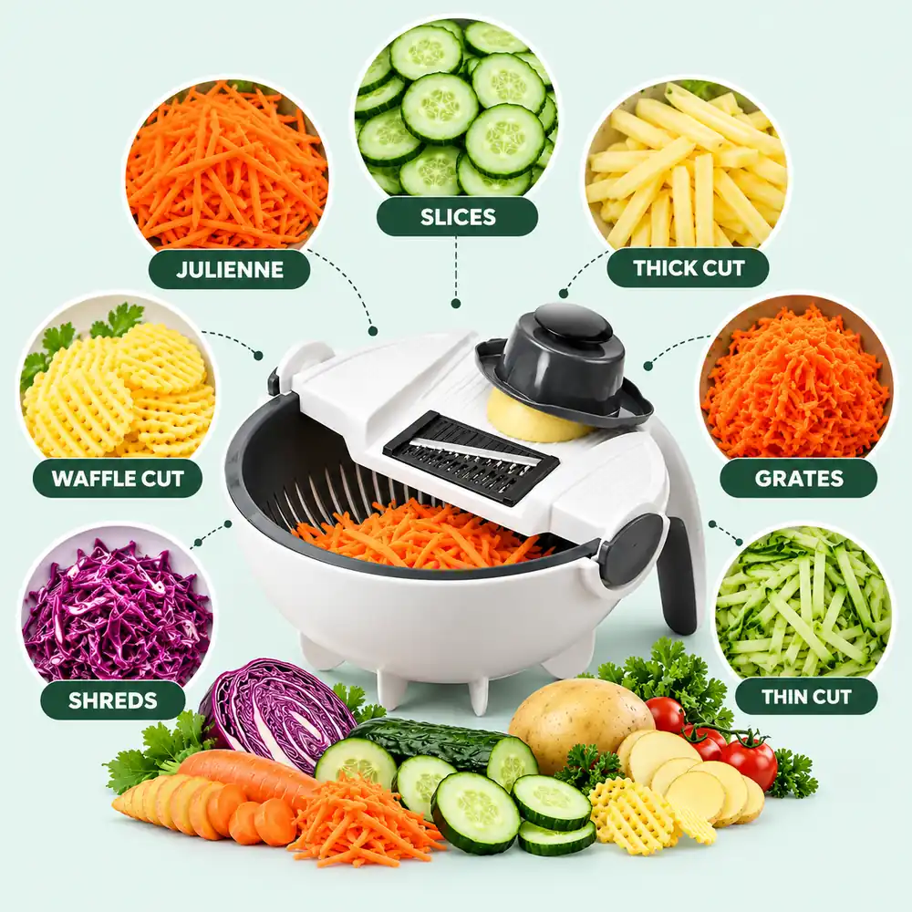 9-in-1 vegetable cutter with its cuts: slices, julienne, thick cut, grates, waffle cut, shreds and thin cut