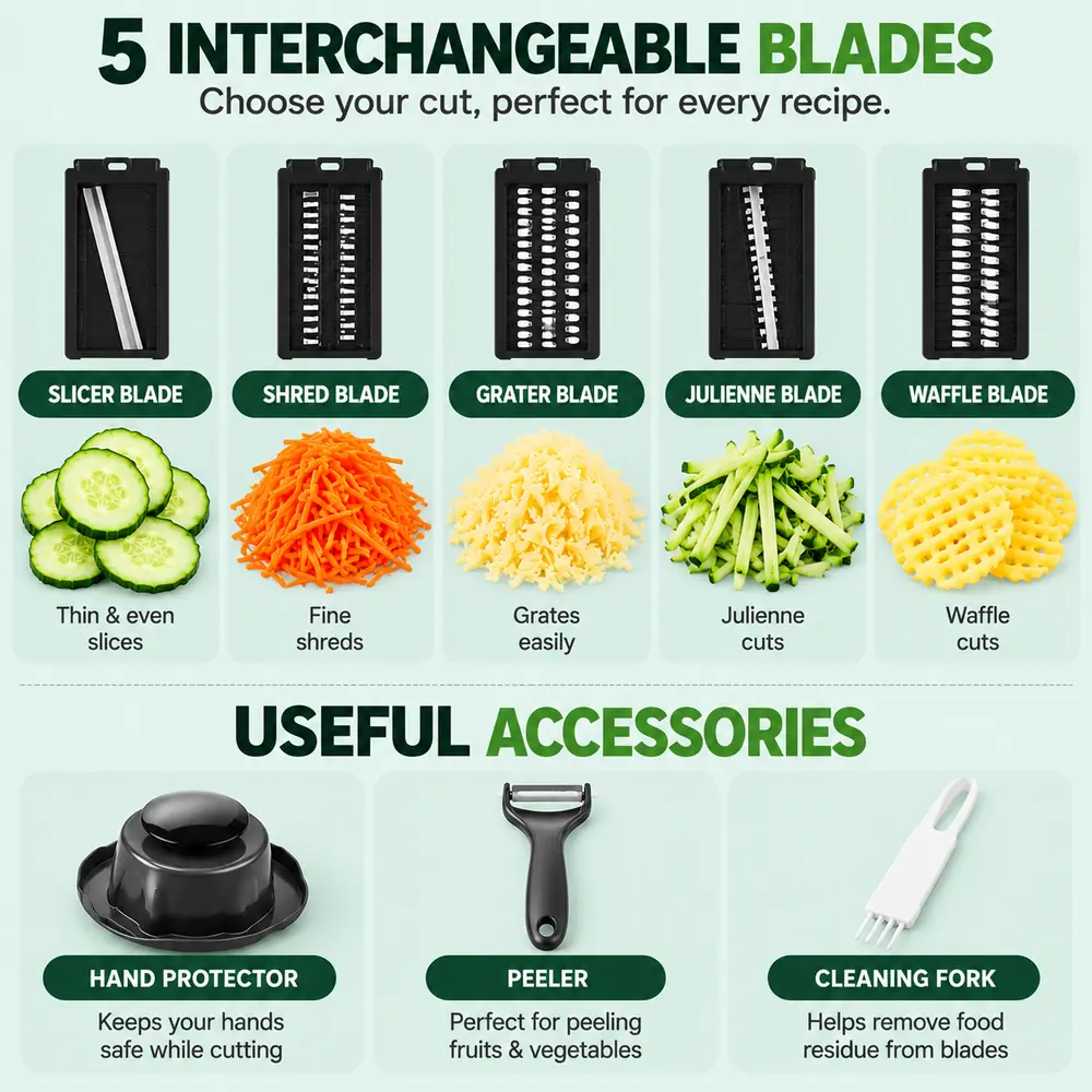 5 interchangeable blades: slicer, shred, grater, julienne and waffle, plus hand protector, peeler and cleaning fork