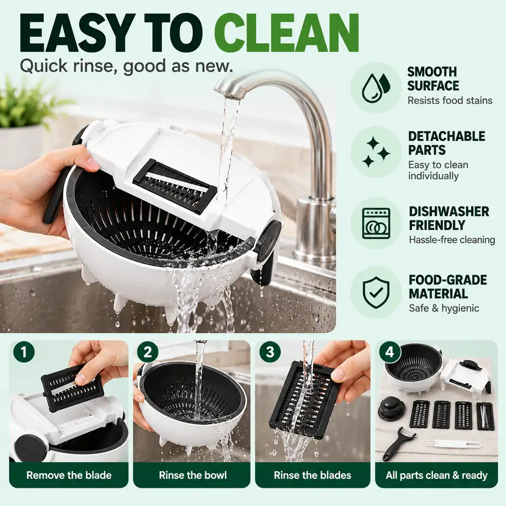 Easy to clean vegetable cutter: remove the blade, rinse the bowl, rinse the blades, all parts clean and ready