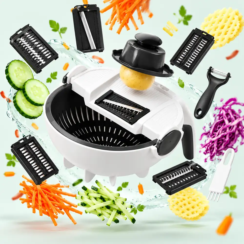 9-in-1 vegetable cutter with drain basket, 5 blades, hand protector, peeler and cleaning fork