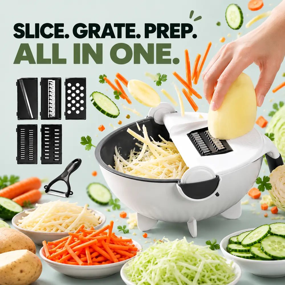 9-in-1 vegetable cutter with drain basket, all-in-one vegetable prep