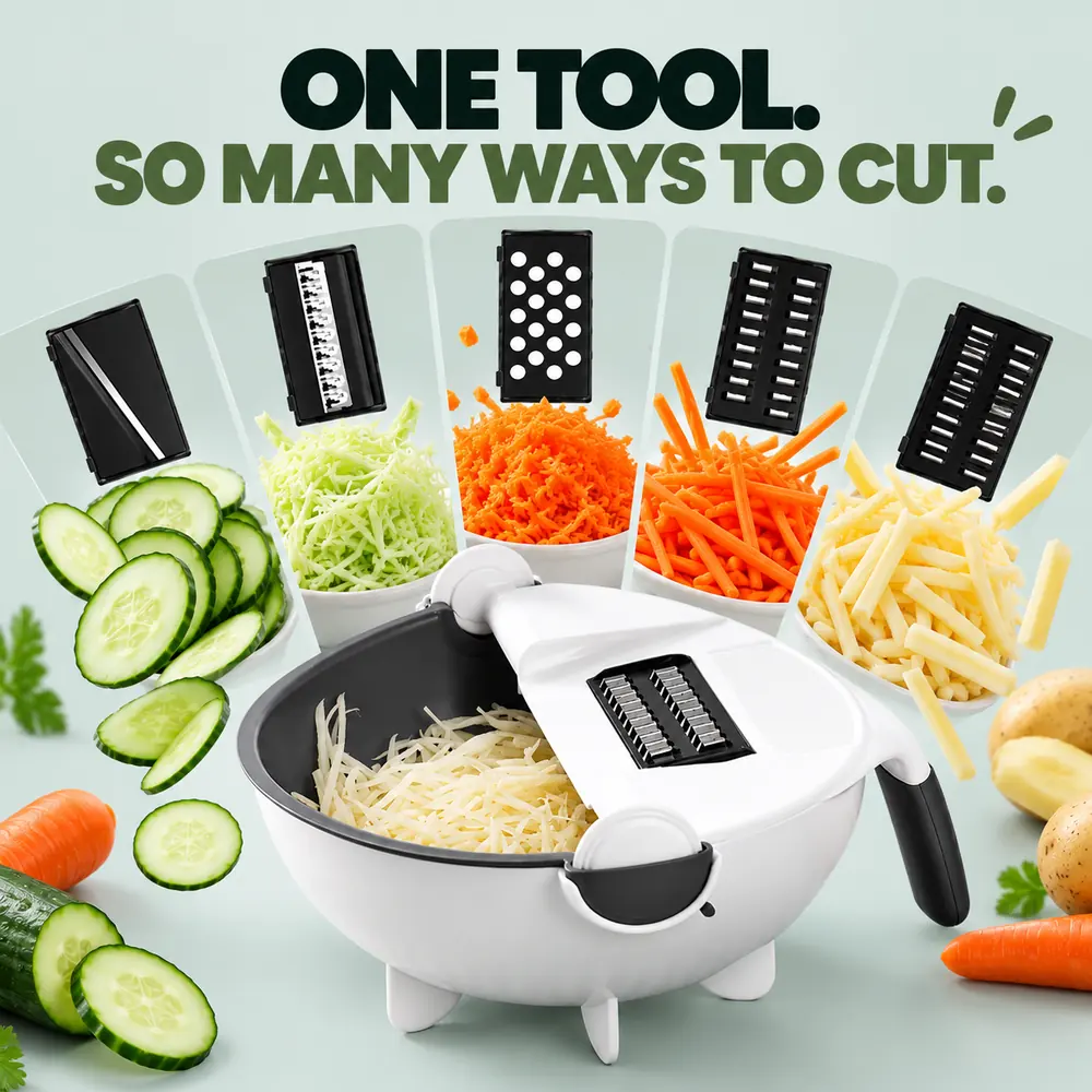 One tool, endless cutting styles: slices, julienne, shreds, grates and waffle cuts