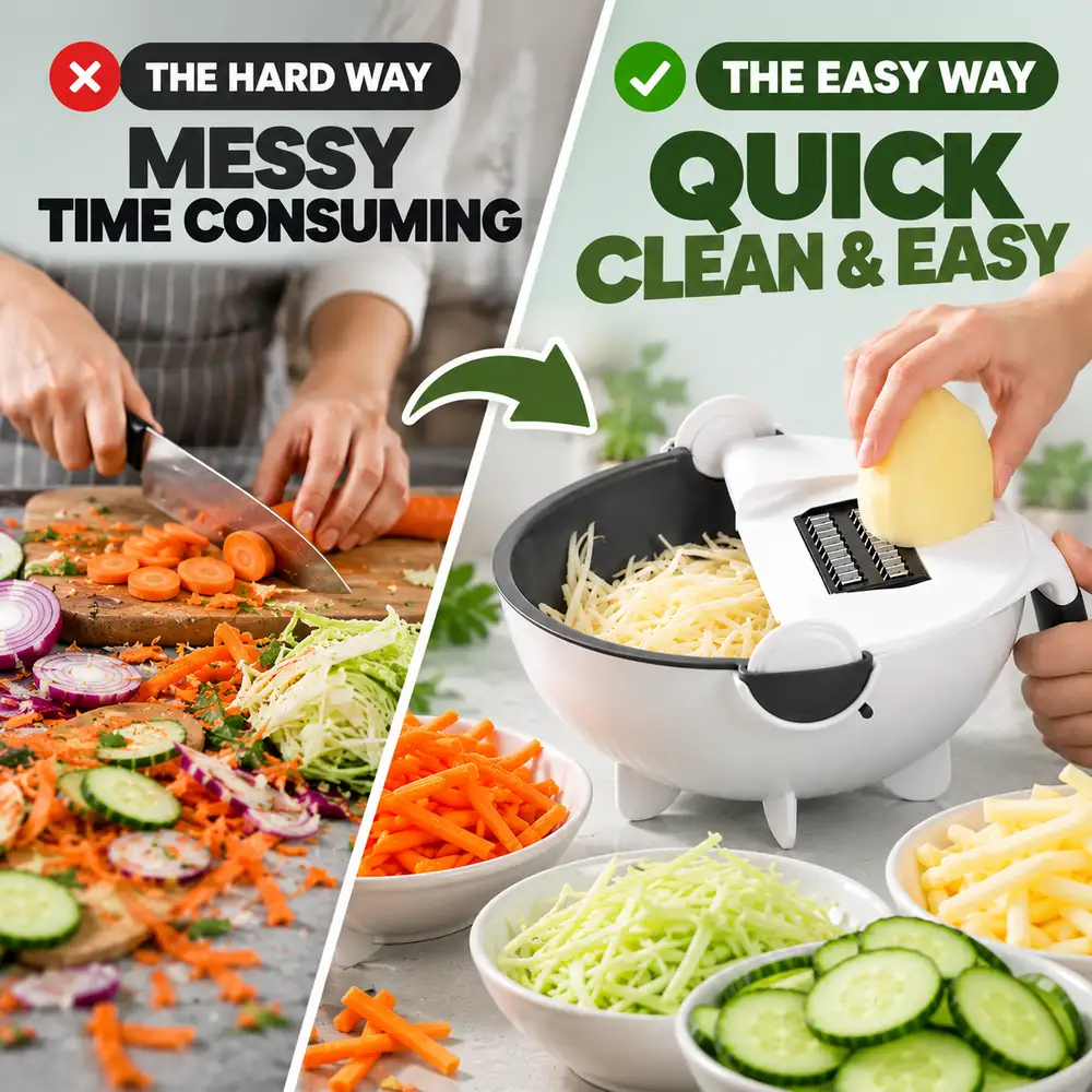 Messy chopping vs easy vegetable prep with the cutter