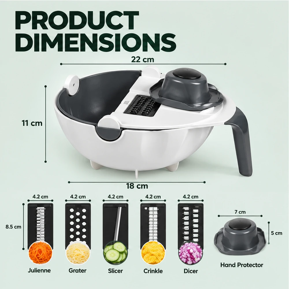 Vegetable cutter dimensions: 22 x 15 x 11 cm