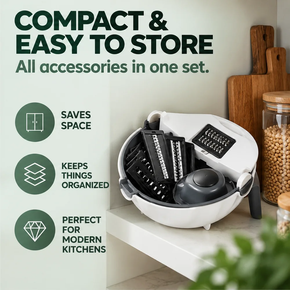 Compact storage: blades and accessories stack inside the cutter