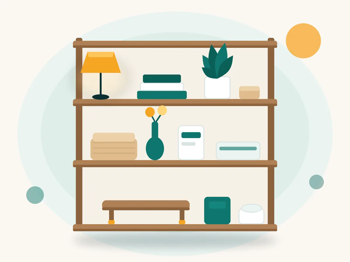 A wooden shelf with a lamp, books, a plant, baskets, a vase and a stool with felt feet